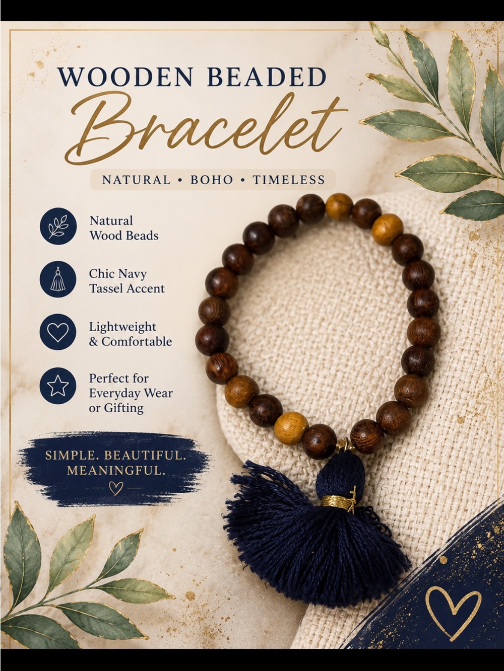 Wooden Bead Bracelet with Navy Tassel